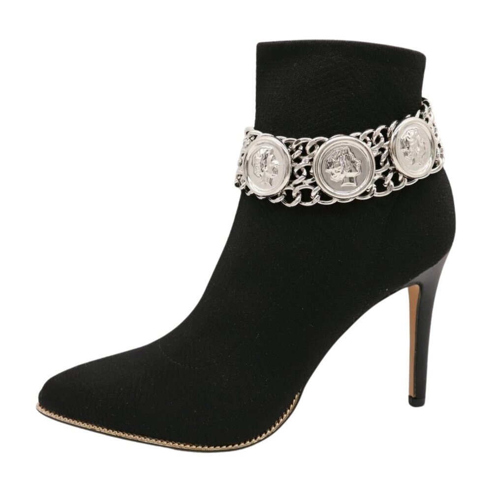 New Women Silver Metal Boot Chain Bracelet Coin Medallion Shoe Wide Anklet Charm